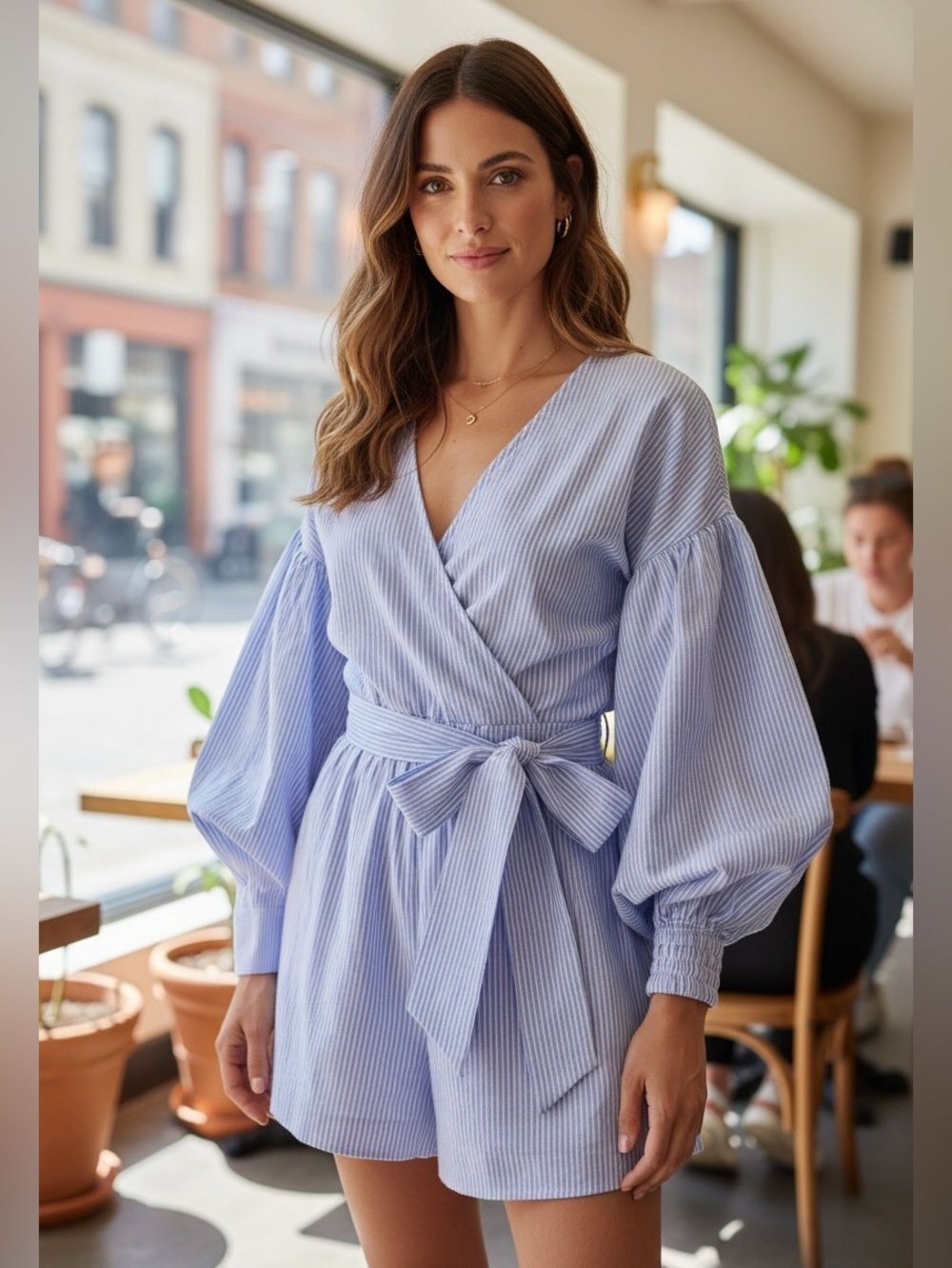 Goodnight Macaroon Blue/White Striped Romper
